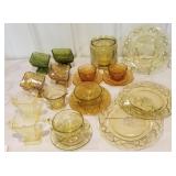 Amber, green, depression glass, plates, cup and