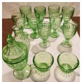 Green depression glass, goblets, cups,, candy