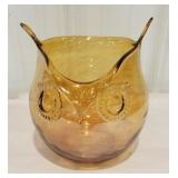 Hand blown glass owl vase, amber color