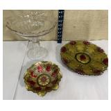 Goofus glass plate & bowl & lead glass compote