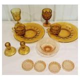 Amber glassware, candle holders, glass coasters,