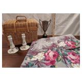 Odd lot - vintage fabric, basket, candleholders &