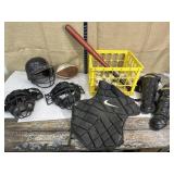 Baseball helmets, shin guards, masks, balls, bat,