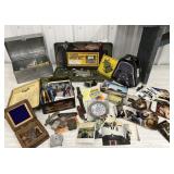 Misc tins w/contents, old pictures, postcards &