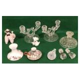Glass candle holders, glass stoppers, 2 dog