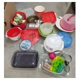 Huge box of kitchen items, cake carriers, Pyrex