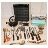 Kitchenware, new pasta box, sharp knives, bottle