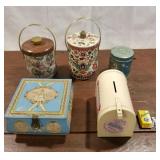 Tins, bank mailbox with keys, etc