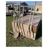 Pointed shovel, broom, pitch forks