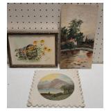 3 vintage paintings - watercolor and oil