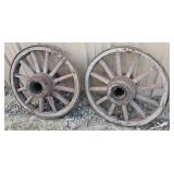 2 wood wagon wheels 30"
