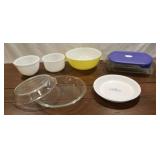 Pyrex pie pans, bowl, casserole dishes,