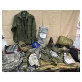Box of army clothing, backpacks, gas mask, belt,