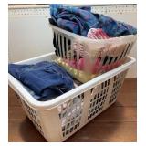 2 baskets of vintage clothing, denim, flannel -