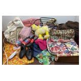 Box of purses, retro heating bad, bath towels,