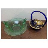 Uranium glass dish and blue Murano glass hand