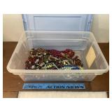 Blue lid large shoe bin of jewlery, necklaces -