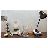 5 lamps - 2 modern desk lamps, 3 hurricane style