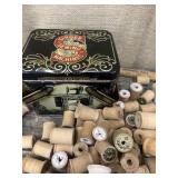 Vintage wooden spools & singer sewing machine tin