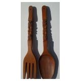 Mid Century Tiki Carved Teak Wood Fork and Spoon