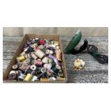 Vintage wooden spools w/thread, vintage iron, dog