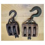 2 wood pulleys