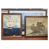 3 pieces of nautical framed art - one not prefect