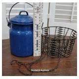 Blue enamelware cream can & early wire basket