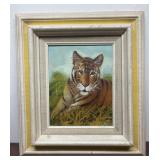 Signed framed art painting of tiger - approx.