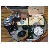 Tray of little junk - compact, watch, jewelry,