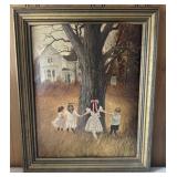 Framed folksy print on board approx 24ï¿½x19ï¿½ - a