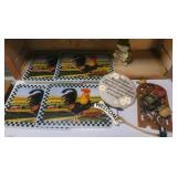 Box glass chicken placemats, yard frog, fountain,
