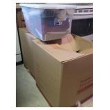 2 large boxes and tub - clothing and fabric