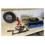 wheelbarrow wheel, tools, totes, jigsaw