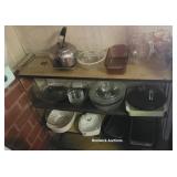 Tin shelf with kitchen glassware - Pyrex, etc