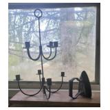 Wrought iron candelabra and sad iron
