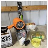 Spotlight, towing strap, air pump