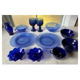 Cobalt blue plates, bowls, candlesticks etcï¿½