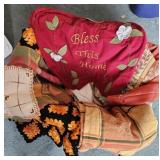 Tote of tablecloths, chair toppers?, afghan, etc