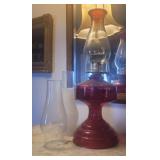 Red oil lamp with 2 extra chimneys