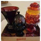 Lot of ruby glass, vase, jar, covered dish,