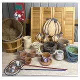 2 baskets, yard ornaments, Clay pots