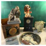 Crate w/ misc households - sheep, tray, clock