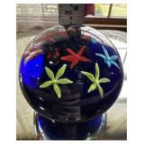 Blue floral art glass paperweight