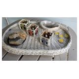 Wicker tray, candle holders, etc