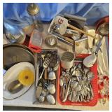 box & red tray of kitchen cutlery,