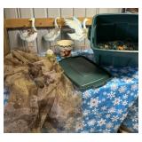 Yard art, Christmas bulbs, camo netting, tin