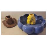 3pcs Pottery - Rumrill blue bowl, Haeger hat, &