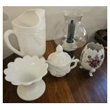 Box of milk glass & China