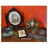 Box - frames, cast iron cat letter holder, etc